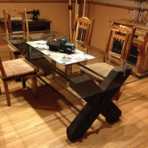 Modern industrial dining room table c/w tempered glass top.